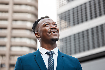 Image showing Thinking, success and business black man in city with future goals, vision and mission for company. Ideas, ambition and face of male entrepreneur in town with wonder, dreaming and thoughtful mindset