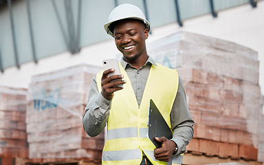 Image showing Architecture, phone and smile with black man on construction site for networking, communication and digital. Engineering, building and designer with male contractor in city for property and app