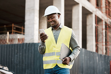 Image showing Architecture, phone and inspection with black man on construction site for networking, communication and digital. Engineering, building and designer with male contractor in city for property and app