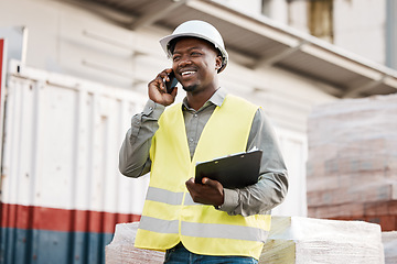 Image showing Phone call, smile and black man engineer in construction site talking or in discussion to contact on mobile conversation. Industry, communication and worker planning architecture as a builder