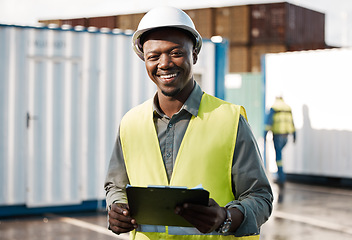 Image showing Checklist, shipping and logistics with portrait of black man for cargo, supply chain or industry. Engineering, happy and export with male contractor and clipboard for warehouse, container and factory