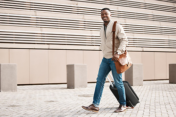 Image showing Portrait, business and portrait of black man with suitcase for international conference, global trip and meeting. Travel, luggage and male entrepreneur with bag for journey, commute and convention