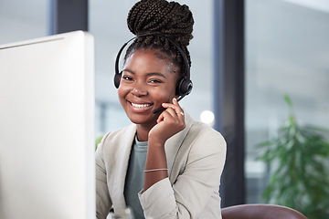 Image showing Call center, portrait and black woman smile by computer for telemarketing, customer service or support. Contact us, face and sales agent, consultant or person from South Africa in business office.