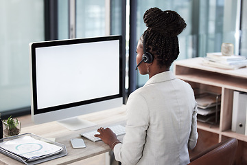 Image showing Call center, computer screen and mockup with black woman in office for consulting, customer service and help desk. Communication, contact us and website with back of employee for kpi and networking