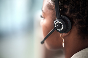 Image showing Call center, microphone and closeup of black woman in office for customer service, contact us or consulting. Receptionist, crm and business with employee for telemarketing, help desk or communication