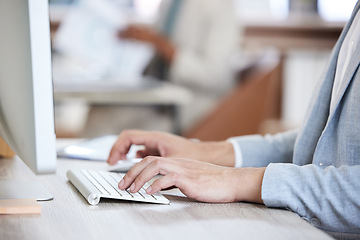 Image showing Research, hands and closeup of a businesswoman typing on a computer keyboard in the office. Technology, professional and female employee working on corporate company project with desktop in workplace