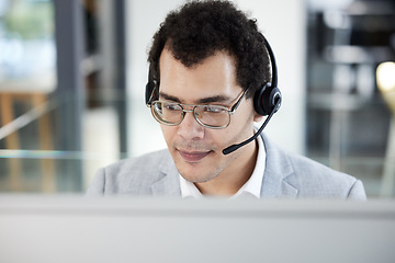 Image showing Call center, computer and man work for telemarketing, customer service or support. Contact us, crm and male sales agent, consultant or employee working in help desk, business office and consulting.