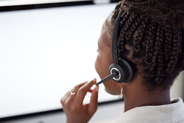 Image showing Receptionist, computer screen and mockup with black woman in office for consulting, customer service and help desk. Communication, contact us and website with back of employee for kpi and networking