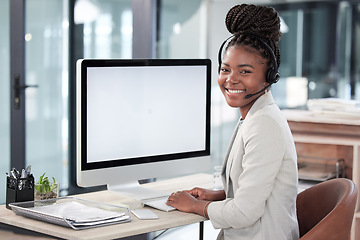 Image showing Call center, computer screen and mockup with portrait of black woman in office for consulting, customer service or help desk. Communication, contact us and advice with employee for kpi and networking