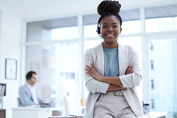 Image showing Call center, customer support and portrait of black woman with crossed arms, confidence and smile for help. Telemarketing, professional and happy female consultant for crm service, sales and contact