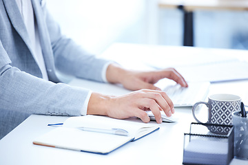 Image showing Keyboard, hands and closeup of a woman typing on computer for research in the office. Technology, professional and female employee working on corporate project with desktop and notebook in workplace.