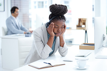 Image showing Tired, stress and headache with black woman in call center office for fatigue, anxiety and burnout. Frustrated, mental health and glitch with female employee for communication and customer service