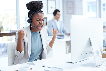 Image showing Call center, headset and black woman celebrate success in customer service, crm or telemarketing. Excited consultant or african agent person in sales, contact us or help desk support with achievement