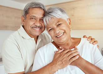 Image showing Portrait, love and senior couple hug in a living room, happy and relax in their home together. Face, smile and holding hands by old people embrace, loving and enjoying retirement in their house