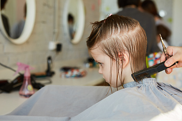 Image showing Hairdresser making a hair style to cute little girl.