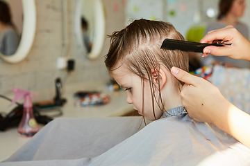 Image showing Hairdresser making a hair style to cute little girl.