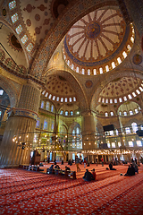 Image showing Istanbul, Turkey - 1 April, 2017: Interior of blue Mosque also called Sultan Ahmed Mosque or Sultan Ahmet Mosque in Istanbul, Turkey.Ceiling decorations with Islamic elements of Sultan Ahmed Mosque do