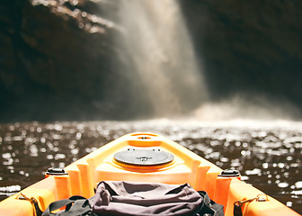 Image showing Boat river and pov of kayak on water or person on fishing trip, adventure of summer vacation activity. Kayaking in nature, view and equipment for camping vessel on sea, waves and ocean bokeh