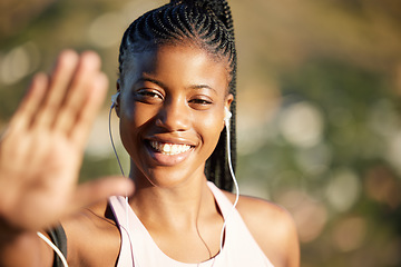 Image showing Black woman, hand and portrait selfie on mountain, exercise and music for workout, wellness and smile in summer. African girl, earphones and training in sunshine with happiness for fitness adventure