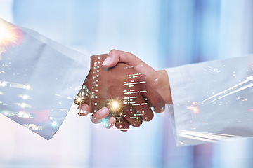 Image showing Closeup, doctors and handshake with double exposure in partnership, city or collaboration for wellness, health or respect. Medic team, shaking hands and welcome in interview, hiring or metro overlay