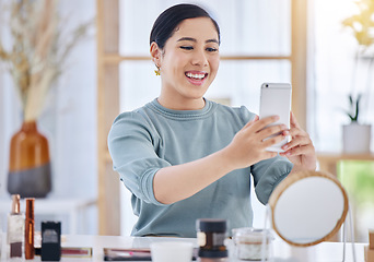 Image showing Influencer, cosmetics or happy woman woman taking selfie or live streaming on social media or online network. Smile, pictures or beautiful girl recording skincare or beauty treatment on mobile app