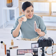 Image showing Makeup, influencer, camera and happy woman streaming tutorial for cosmetics, social media or skincare. Foundation, live stream and content creator with smile, product broadcast and beauty channel