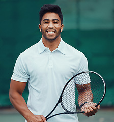 Image showing Sports, tennis and portrait of happy man with racket, fitness mindset and confidence for game on court. Workout goals, pride and happiness, male athlete with motivation for health, wellness and sport