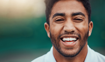 Image showing Sports, closeup and portrait of happy man with fitness mindset, confidence and mockup space. Workout goals, smile and face of male athlete with motivation for health, wellness and zoom on happiness.