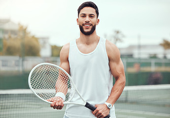 Image showing Fitness, tennis and portrait of man with racket, sport mindset and confidence for happy game on court. Workout goals, pride and happiness, male athlete with motivation for health, wellness and sports