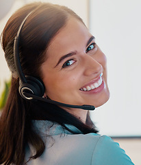 Image showing Call center, portrait and happy woman in office for customer service, telemarketing or support. Face, smile and female sales agent, consultant or employee from Canada working, consulting and business