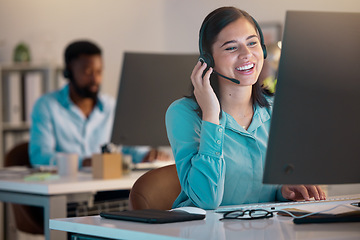 Image showing Agent, call center and woman with telemarketing, customer service and communication in an office. Female person, consultant and employee with headphones, tech support and advice with help and a smile