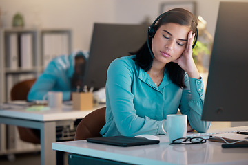 Image showing Call center, sleeping and tired woman in office for customer service or support at night. Telemarketing, sleep and fatigue of female sales agent, consultant burnout and employee stress for deadline