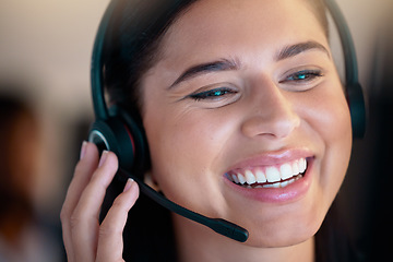 Image showing Call center, happy and woman in office for customer service, telemarketing or support. Contact us, crm and female sales agent, consultant or professional working, consulting or help desk for business
