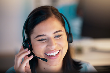 Image showing Call center, smile and business woman in office for customer service, telemarketing or support. Crm, contact us and happy female sales agent, consultant or employee working, consulting and help desk.