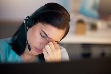 Image showing Call center, headache and woman with stress in office for customer service, telemarketing or support. Problem, burnout or female sales agent, consultant or employee with depression, mistake or crisis