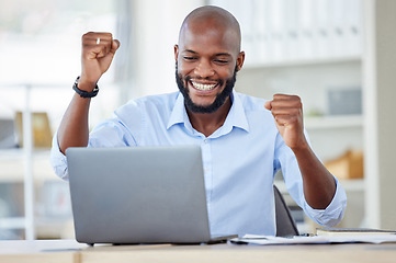 Image showing Laptop, business and celebration of black man, winner and success in office. Computer, excited and African person celebrate goals, target or lottery, prize or good news for promotion, bonus or reward