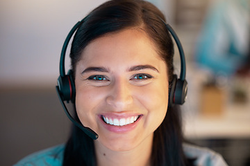 Image showing Call center, face and woman smile in office for telemarketing, customer service and business support. Portrait, contact us and happy female sales agent, crm consultant or professional from Australia.