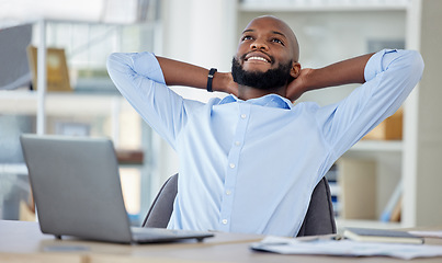 Image showing Relax, business and black man stretching, laptop and smile with confidence, project or startup success. Male person, consultant or employee with completed task, .professional or career with happiness