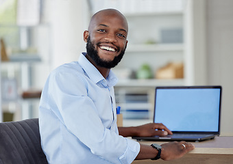 Image showing Screen, laptop and portrait of black man tech company entrepreneur search or working on internet, online and web. Worker, smile and happy employee typing to connect to a website in an office