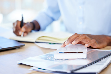 Image showing Business, closeup and black man with a calculator, writing and notebook with planning, finance and budget. Male person, accountant and employee with documents, paperwork and folders with numbers