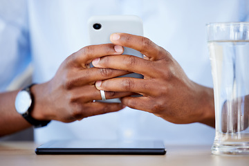 Image showing Hands, smartphone and typing, social media and chat online with communication, technology and contact. Closeup of person scroll notification, using phone and mobile app with internet and connectivity