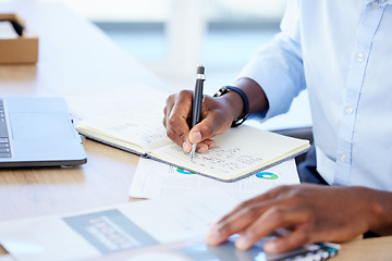 Image showing Accountant, closeup and black man with a calculator, writing and notebook with a budget, documents or planning. Male person, investor or employee with paperwork, research or check list in a workplace