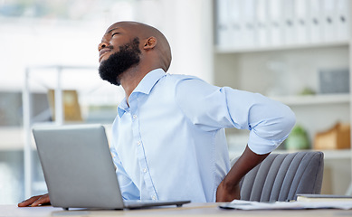 Image showing Black man in business, back pain and injury with health problem and muscle inflammation, professional in office and fibromyalgia. Corporate male person has backache, bad posture and medical emergency