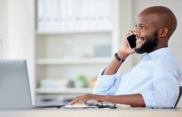 Image showing Black man, phone call and business contact, communication and networking with smile during conversation. Businessman, professional chat and b2b with person using work mobile for deal negotiation