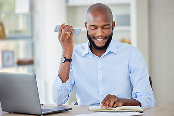 Image showing Business, phone call and man with notebook, speaker and talking with a laptop, planning and connection. Male person, happy employee and entrepreneur with a smartphone, loudspeaker and communication