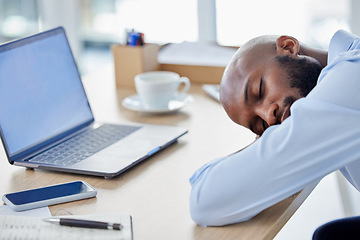 Image showing Sleeping, tired and business with black man in office for frustrated, fatigue and overworked. Exhausted, stress and deadline problem with male employee for overwhelmed, mental health and dreaming