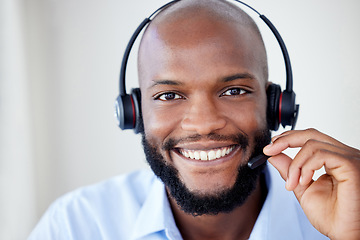 Image showing Microphone, call center and smile on face of black man agent for telemarketing, salesman or help desk. Portrait of african consultant person with headset for sales, customer service or crm support