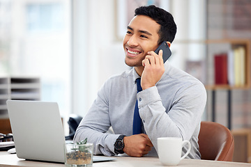 Image showing Phone call, thinking and business man on laptop, communication and networking in home office. Remote work, mobile chat and happy asian person or entrepreneur ideas, talking and working on computer