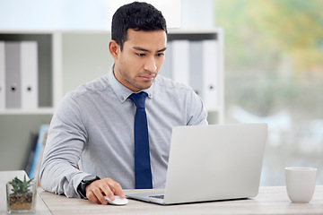 Image showing Business, employee and man with a laptop, focus and typing with connection, network and thinking. Male person, consultant or agent with a pc, technology and professional with concentration and career