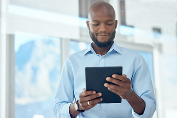 Image showing Tablet, online and entrepreneur search internet for communication app, social media and typing an email to a contact. Networking, agency and business man or professional working on a proposal